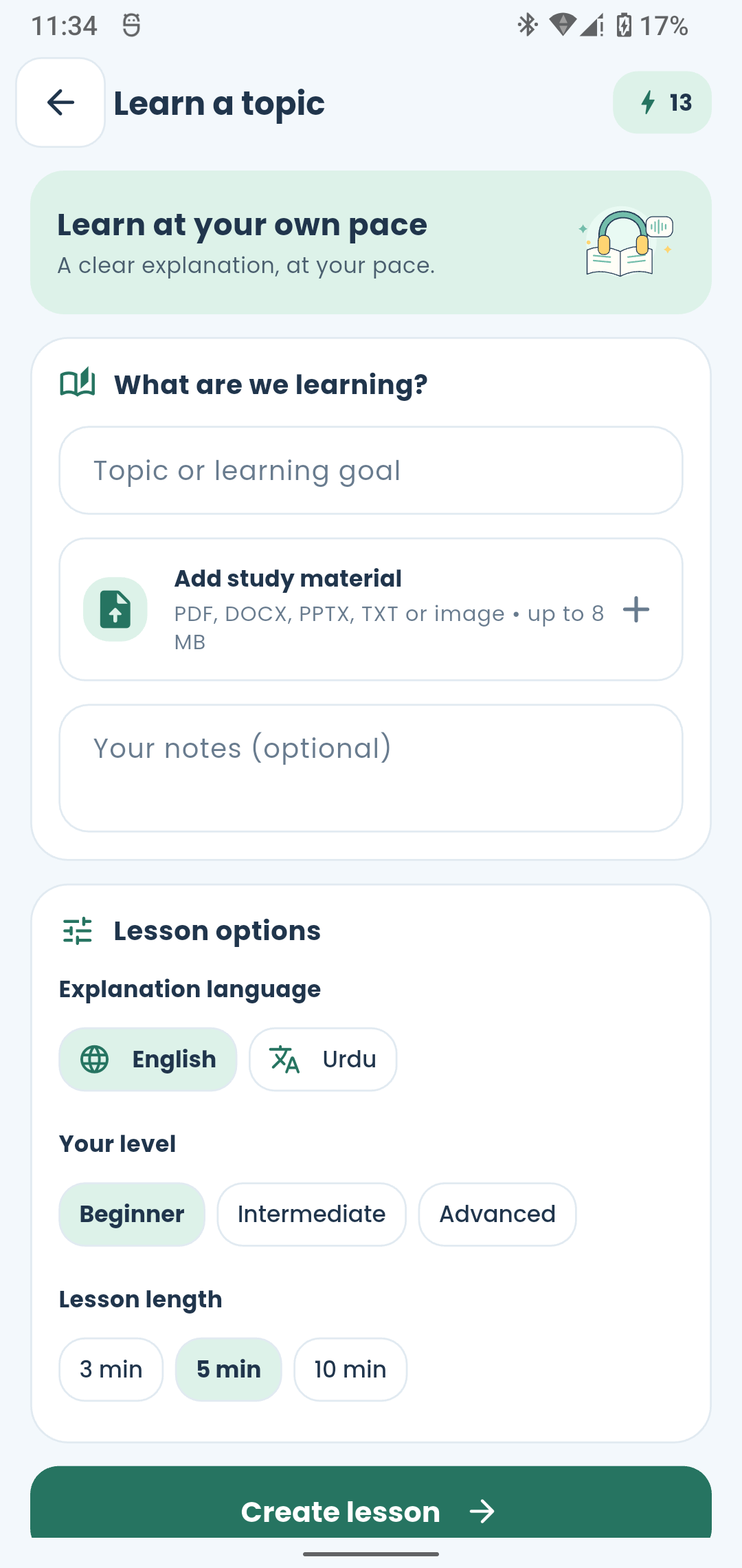 StudyKitab lesson setup with English and Urdu, learning levels, and lesson length options